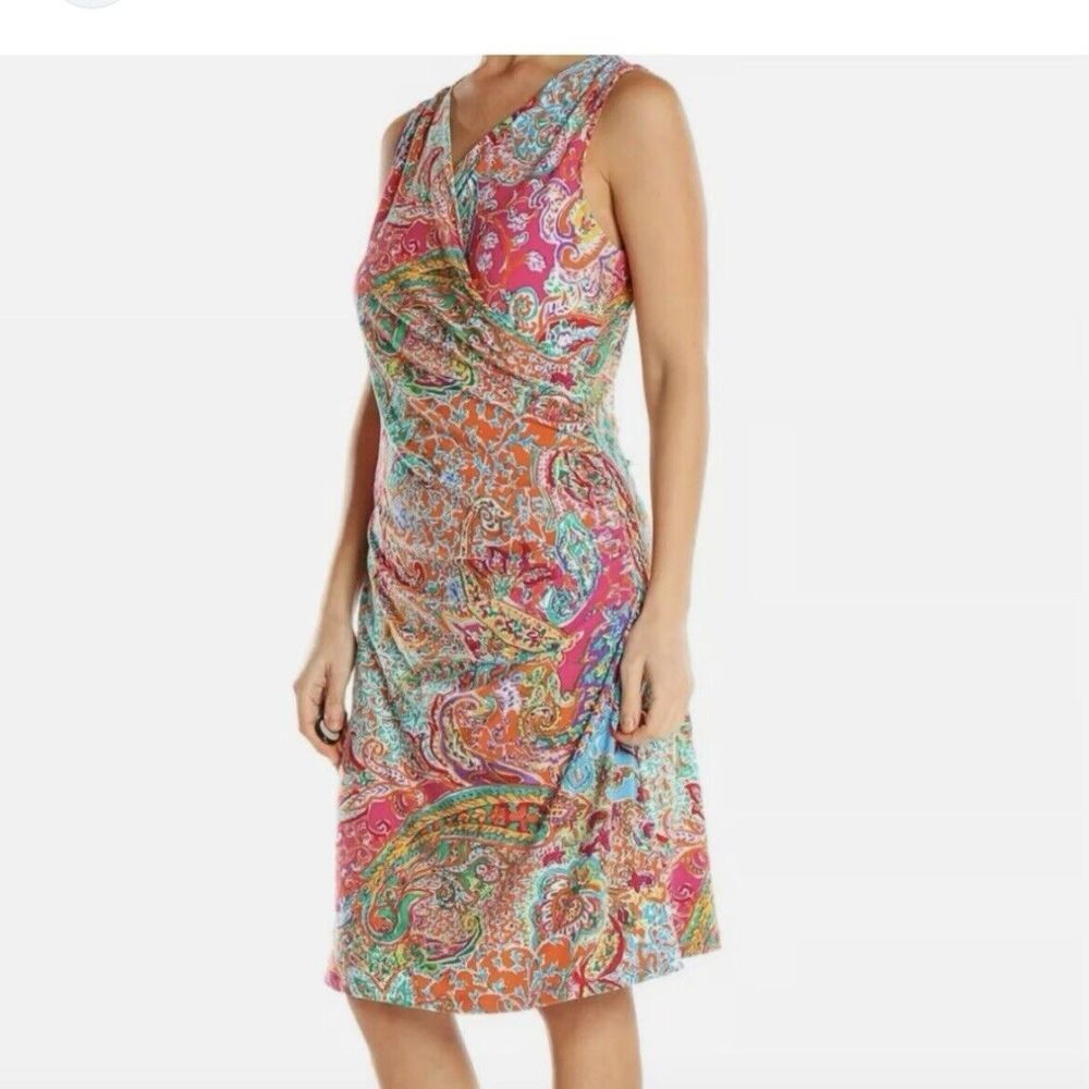 Ralph Lauren Pink Teal‎ Paisley Surplice V Neck Sleeveless Stretch Dress MEDIUM